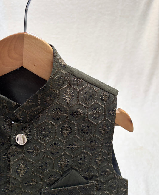 Mehandi Green Embroidered Waistcoat (102)