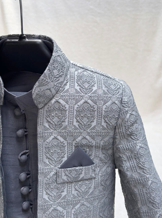 Gray Self Sherwani Suit