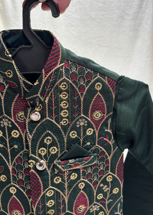 GREEN EMBROIDERED WAISTCOAT 3PC