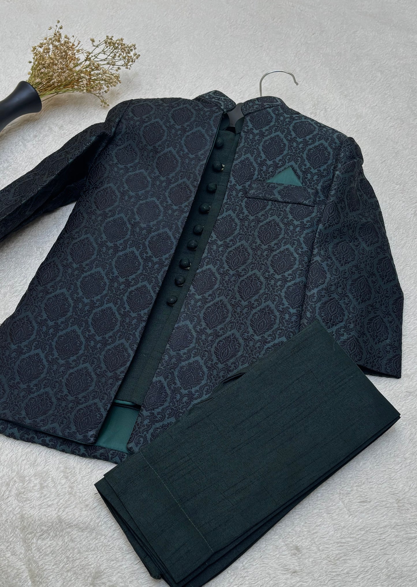 Green Self Open Sherwani Suit