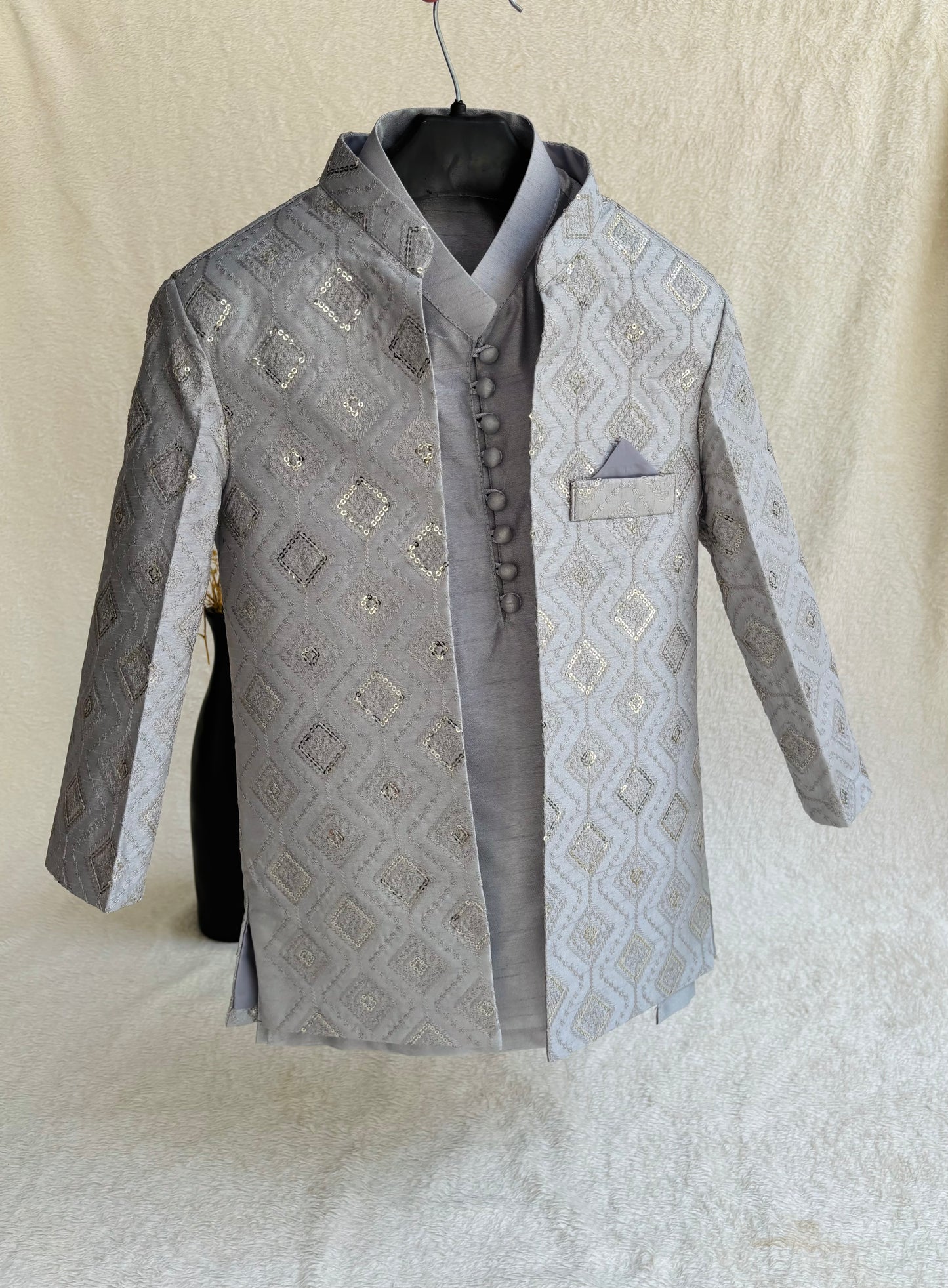 Light Gray Embroidered Sherwani Suit