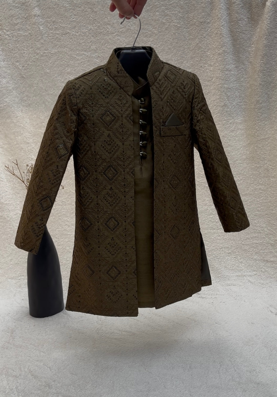 Mehandi Green Embroidered Sherwani Suit