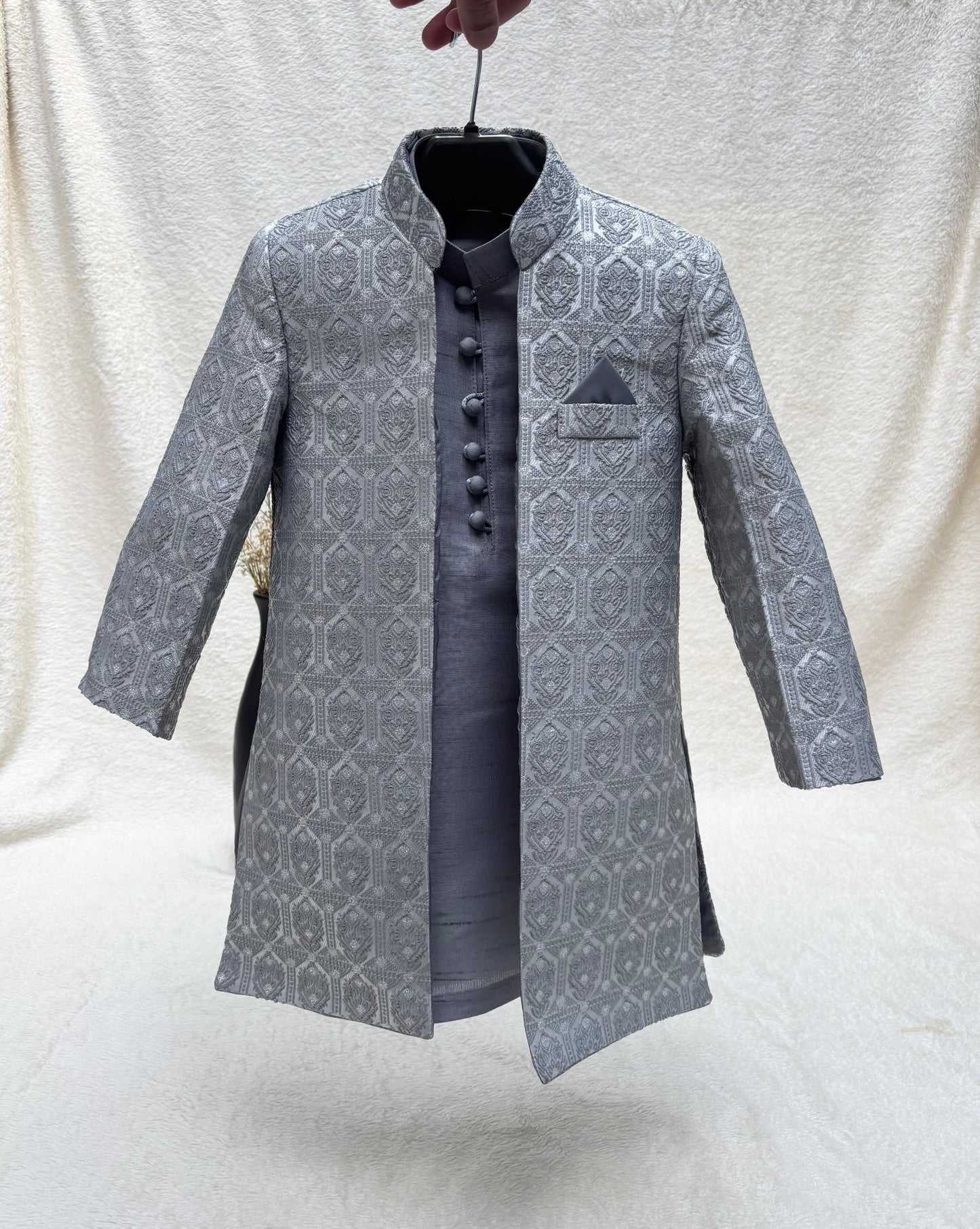 Gray Self Sherwani Suit