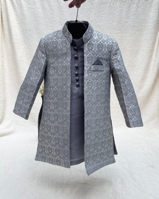 Gray Self Sherwani Suit
