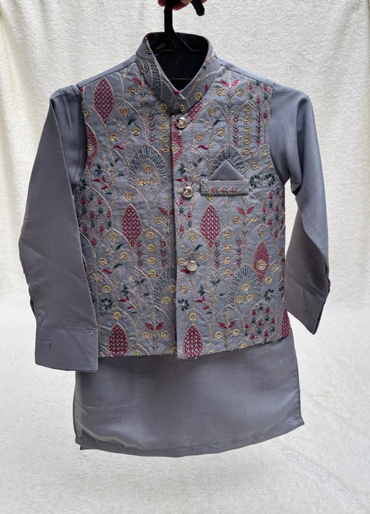 GRAY EMBROIDERED WAISTCOAT 3PC