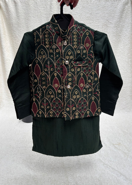 GREEN EMBROIDERED WAISTCOAT 3PC