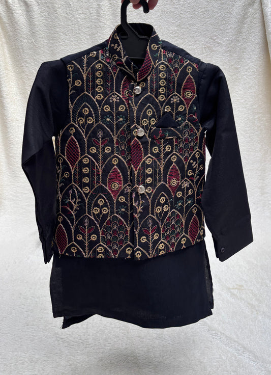 BLACK EMBROIDERED WAISTCOAT 3PC