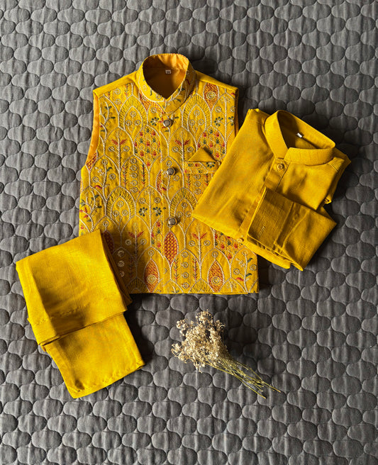 YELLOW EMBROIDERED WAISTCOAT 3PC