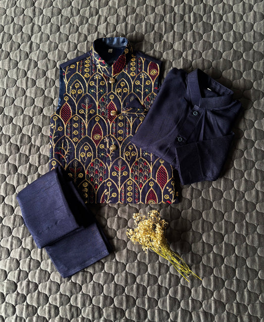 BLUE EMBROIDERED WAISTCOAT 3PC