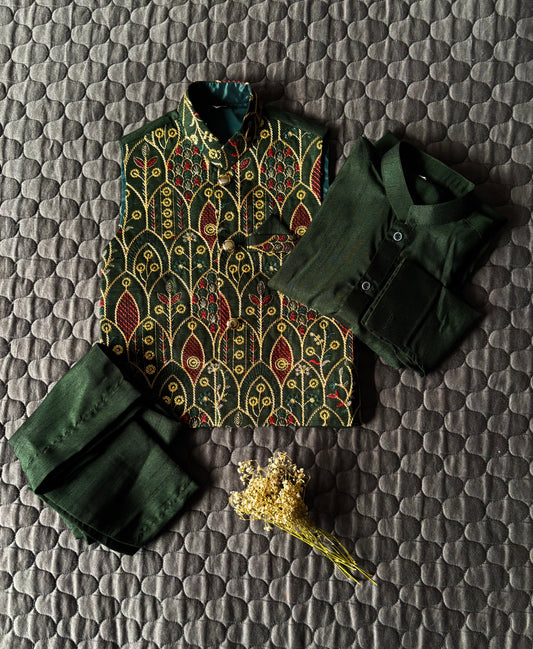 GREEN EMBROIDERED WAISTCOAT 3PC