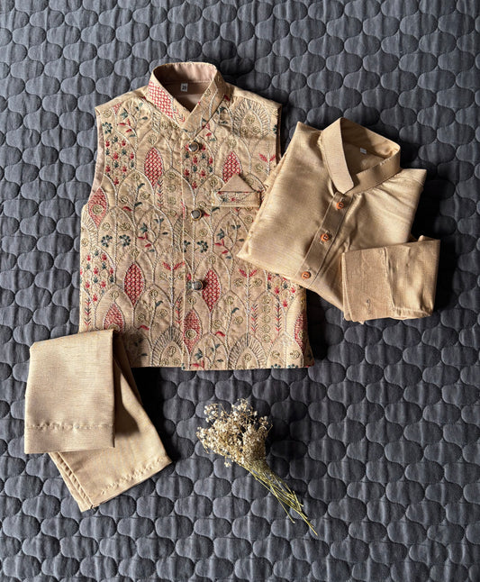 BEIGE EMBROIDERED WAISTCOAT 3PC