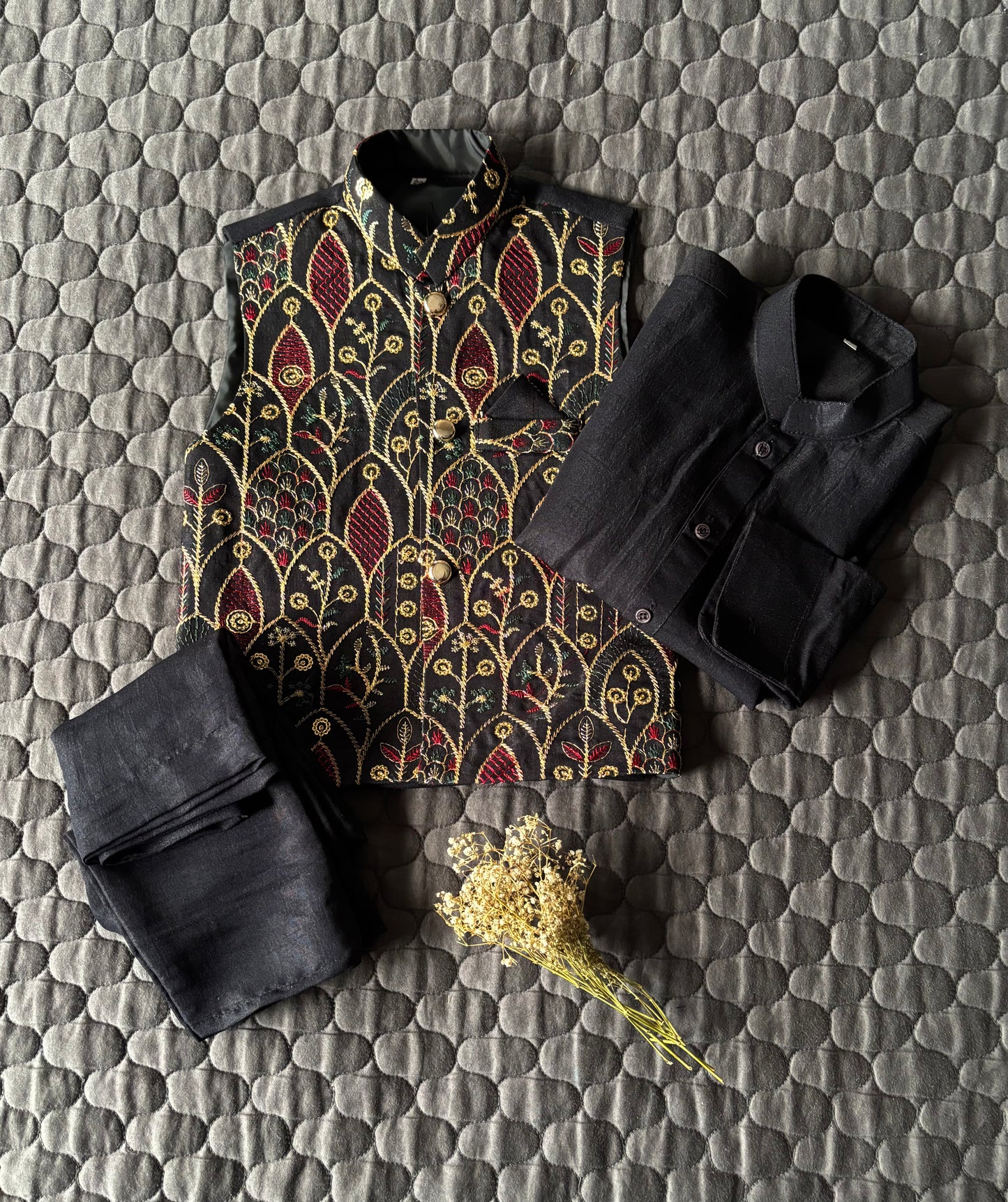 BLACK EMBROIDERED WAISTCOAT 3PC