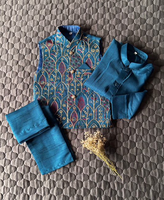 ZINC BLUE EMBROIDERED WAISTCOAT 3PC
