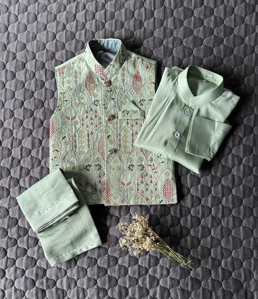 MINT GREEN EMBROIDERED WAISTCOAT 3PC