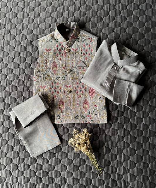 GRAY EMBROIDERED WAISTCOAT 3PC