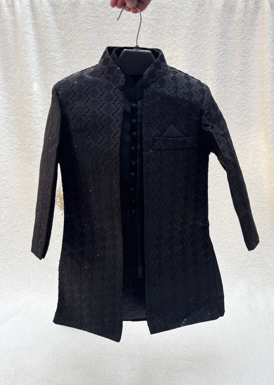 Black Embroidered Double Layer Sherwani Suit
