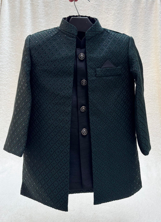 Green Self Double Layer Sherwani Suit