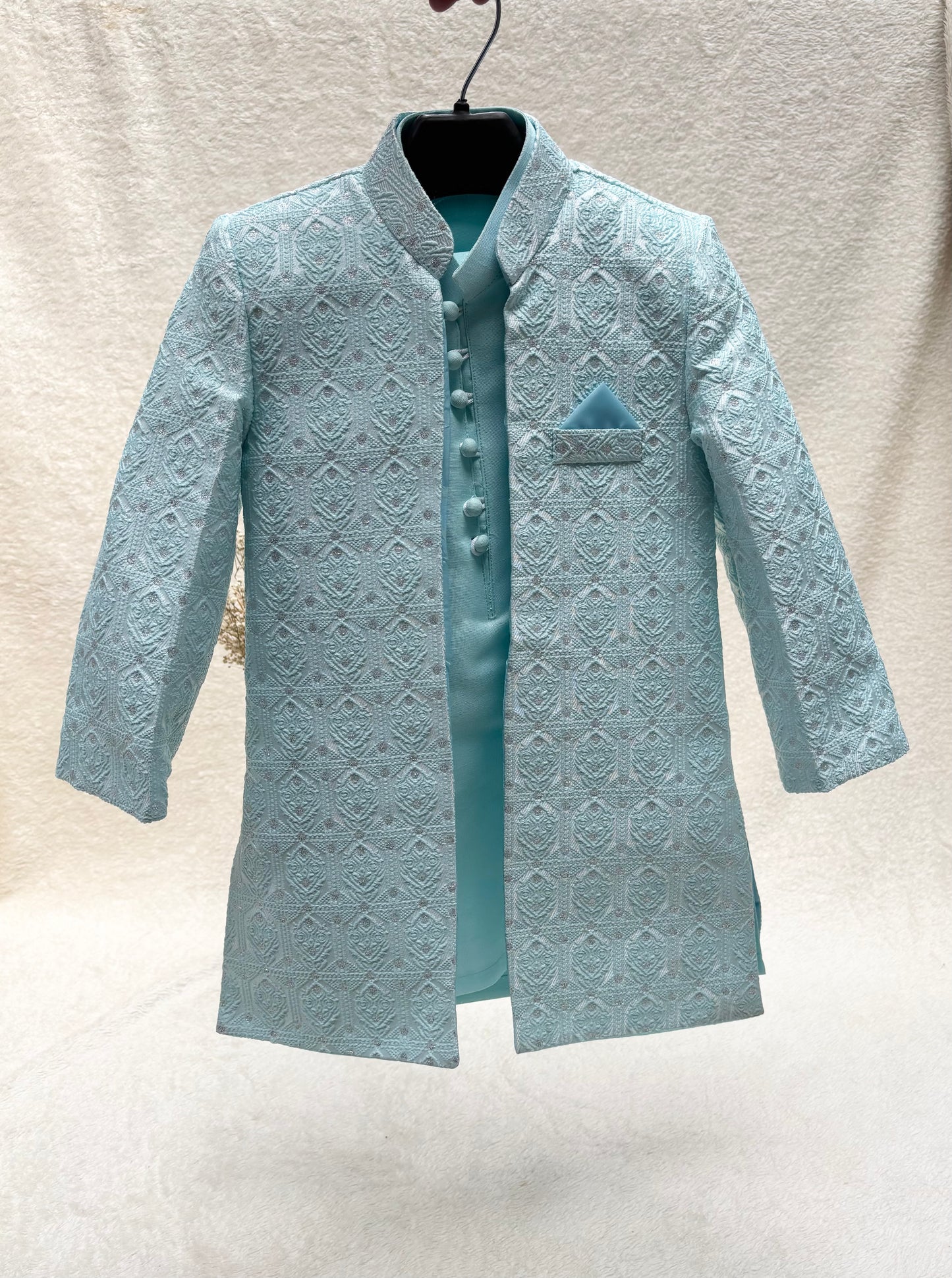 Light Blue Self Sherwani Suit