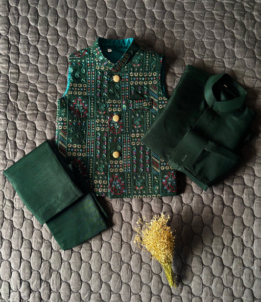 EMERALD GREEN EMBROIDERED WAISTCOAT 3PC (WC2)