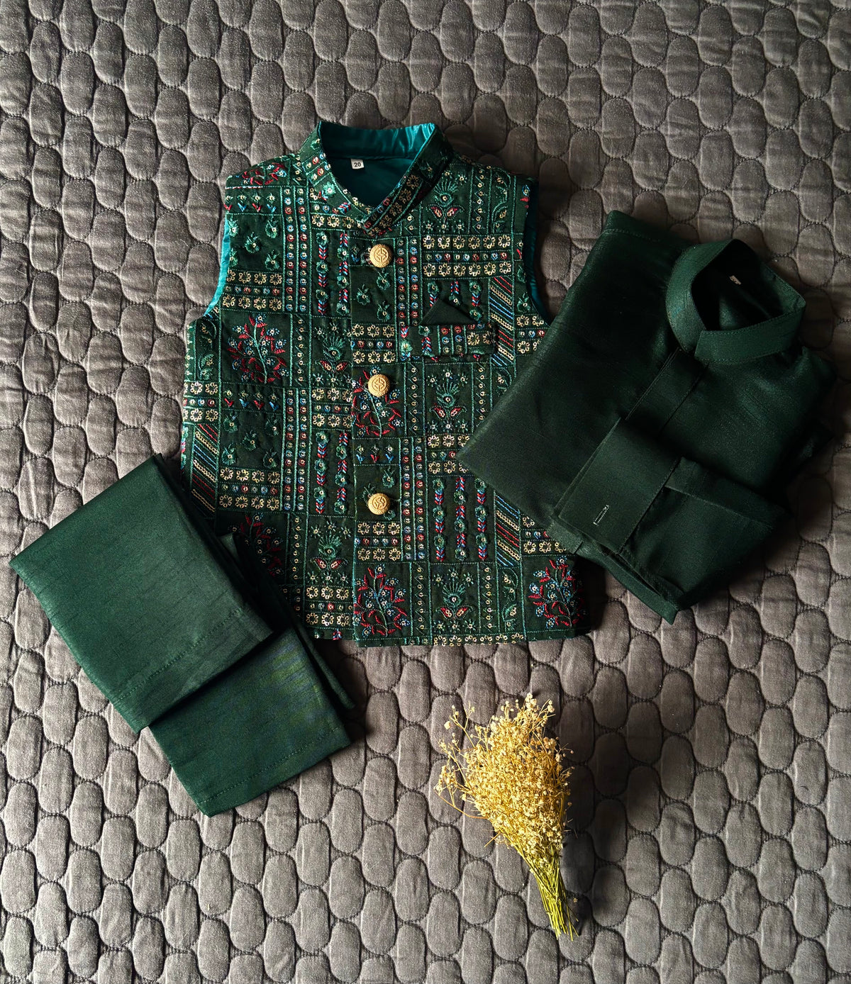 EMERALD GREEN EMBROIDERED WAISTCOAT 3PC (WC2)