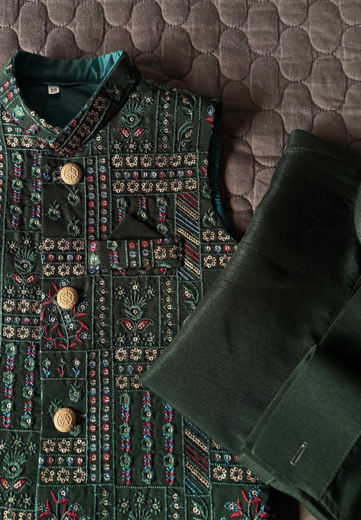 EMERALD GREEN EMBROIDERED WAISTCOAT 3PC (WC2)