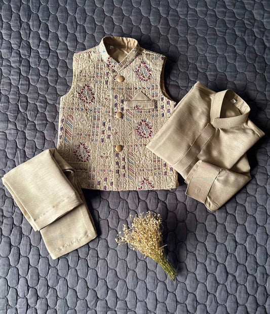 BEIGE EMBROIDERED WAISTCOAT 3PC (WC2)