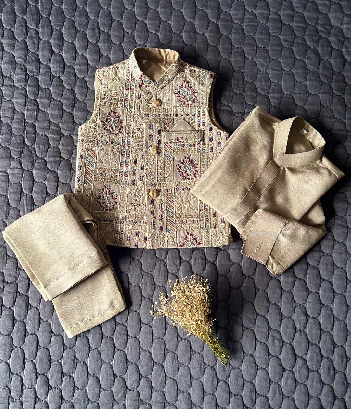 BEIGE EMBROIDERED WAISTCOAT 3PC (WC2)