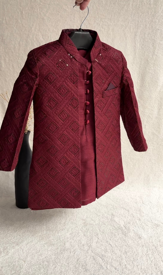 Maroon Embroidered Sherwani Suit