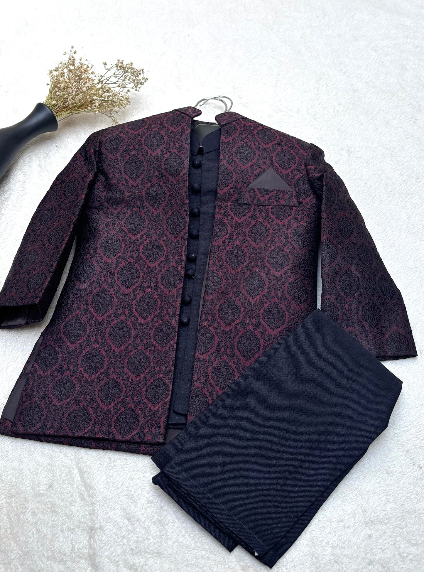 Maroon Self Open Sherwani Suit