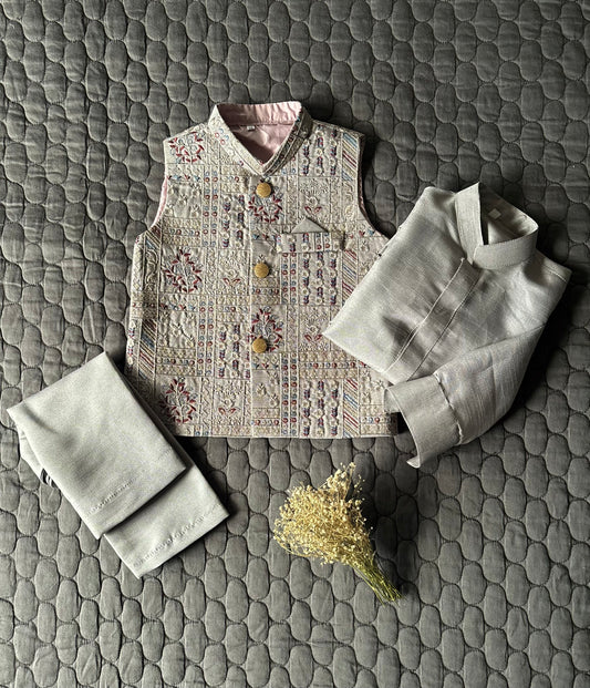 LIGHT GRAY EMBROIDERED WAISTCOAT 3PC (WC2)