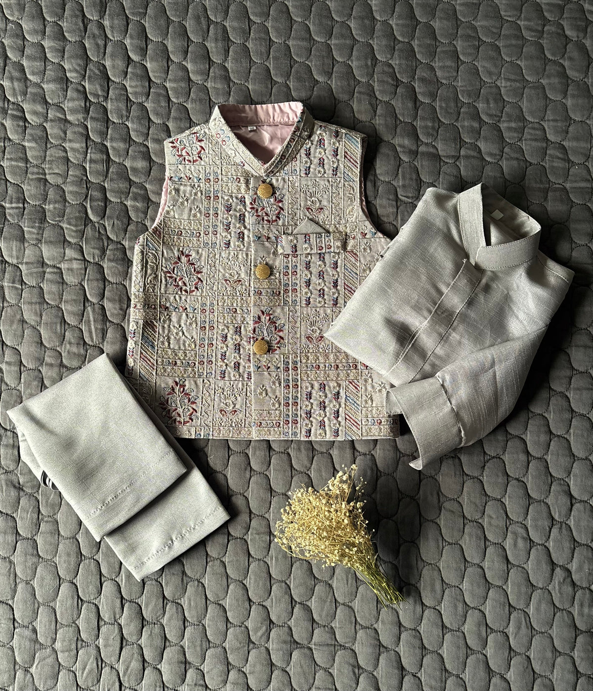 LIGHT GRAY EMBROIDERED WAISTCOAT 3PC (WC2)