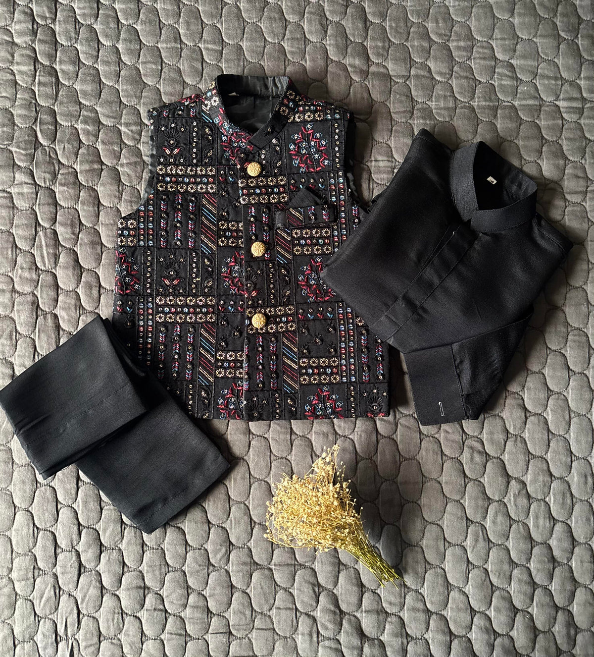 BLACK EMBROIDERED WAISTCOAT 3PC (WC2)