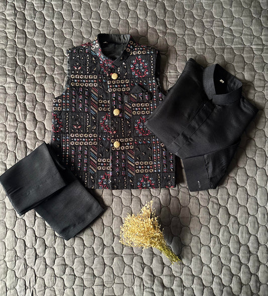 BLACK EMBROIDERED WAISTCOAT 3PC (WC2)