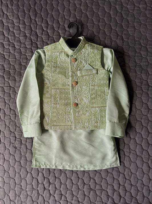 MINT GREEN EMBROIDERED WAISTCOAT 3PC (WC1)