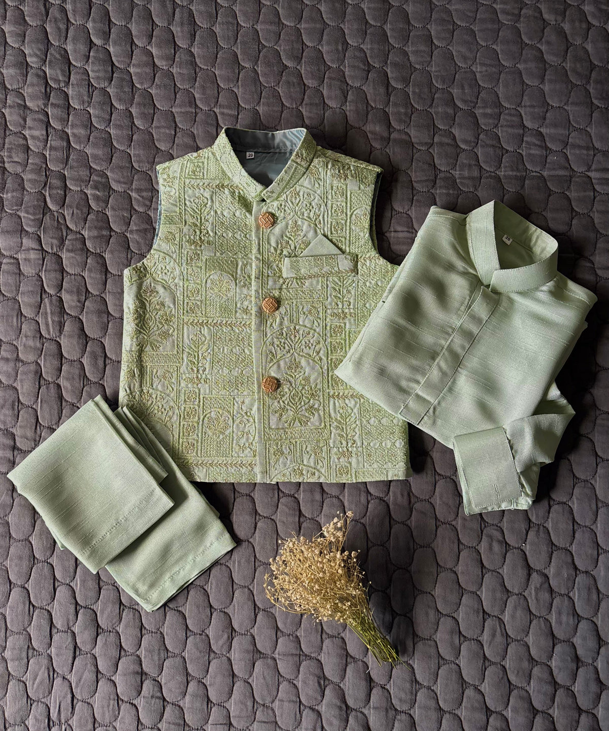 MINT GREEN EMBROIDERED WAISTCOAT 3PC (WC1)