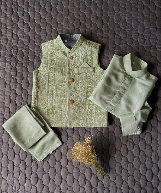 MINT GREEN EMBROIDERED WAISTCOAT 3PC (WC1)