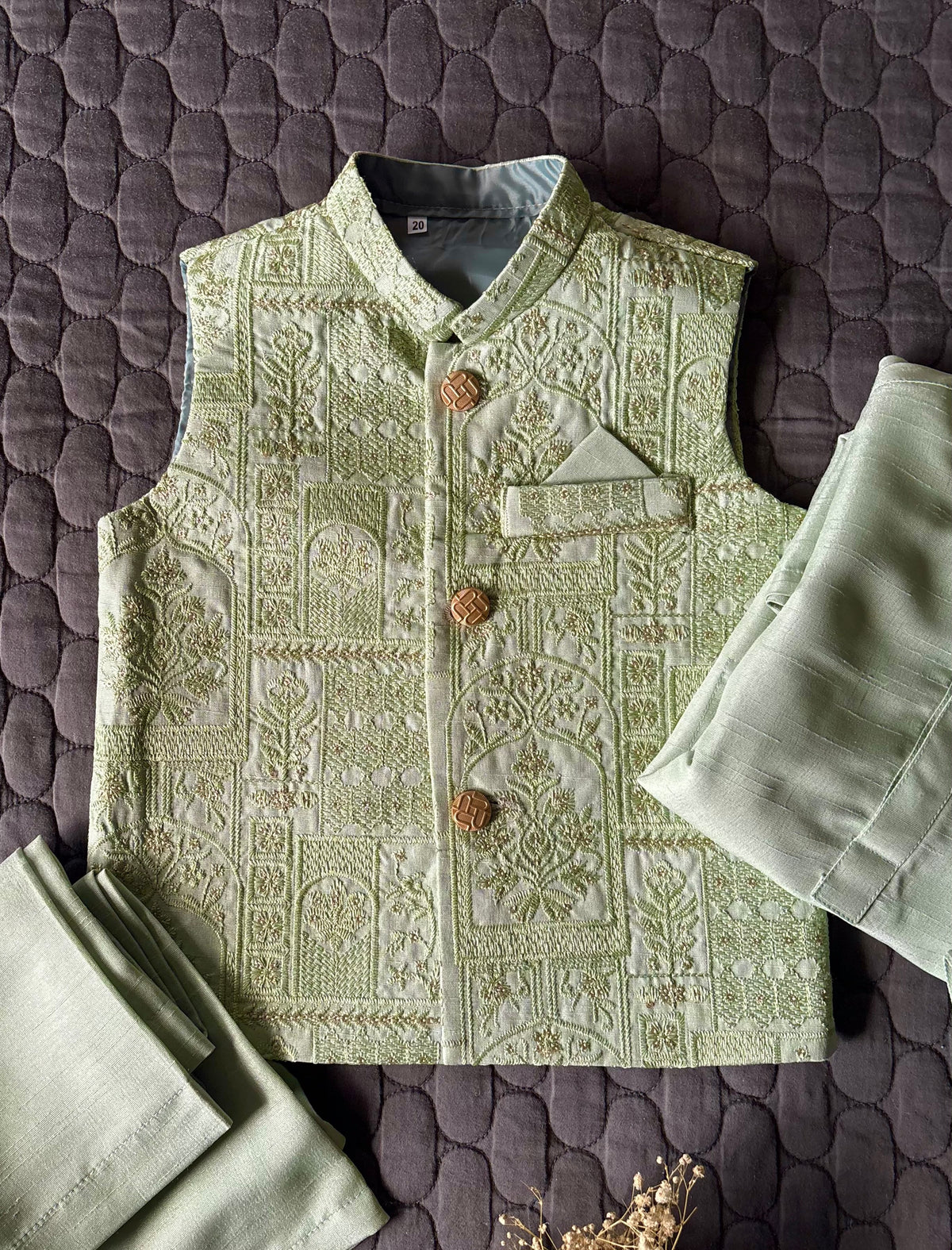 MINT GREEN EMBROIDERED WAISTCOAT 3PC (WC1)