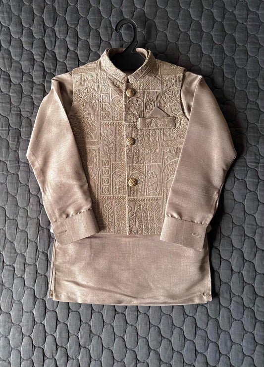 DARK BEIGE EMBROIDERED WAISTCOAT 3PC (WC1)