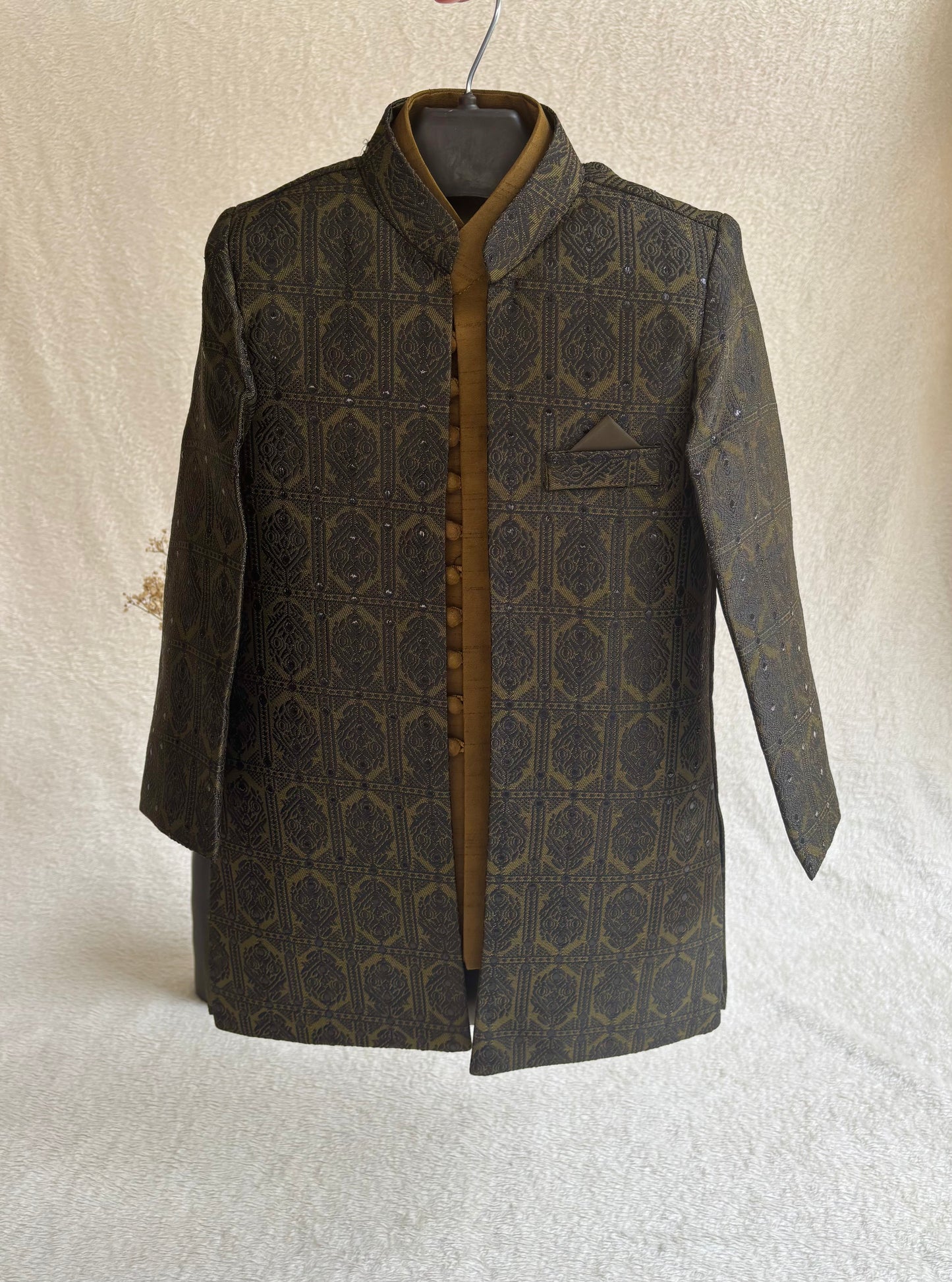Dark Mehandi Double Layer Sherwani Suit