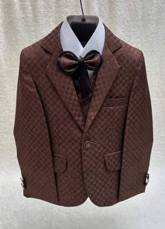 Brown Self Checkered Suit 4pc