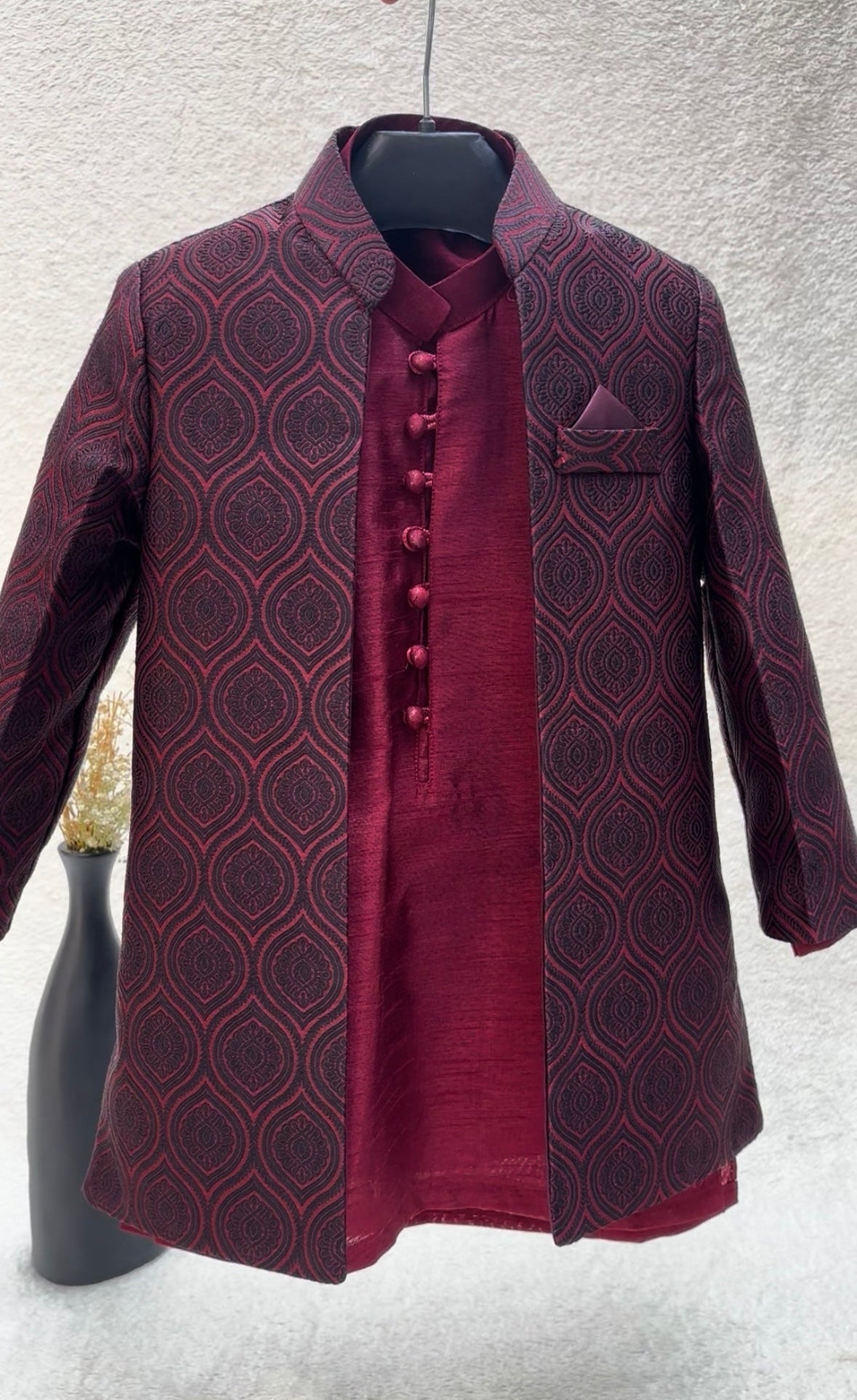Maroon Self Sherwani Suit