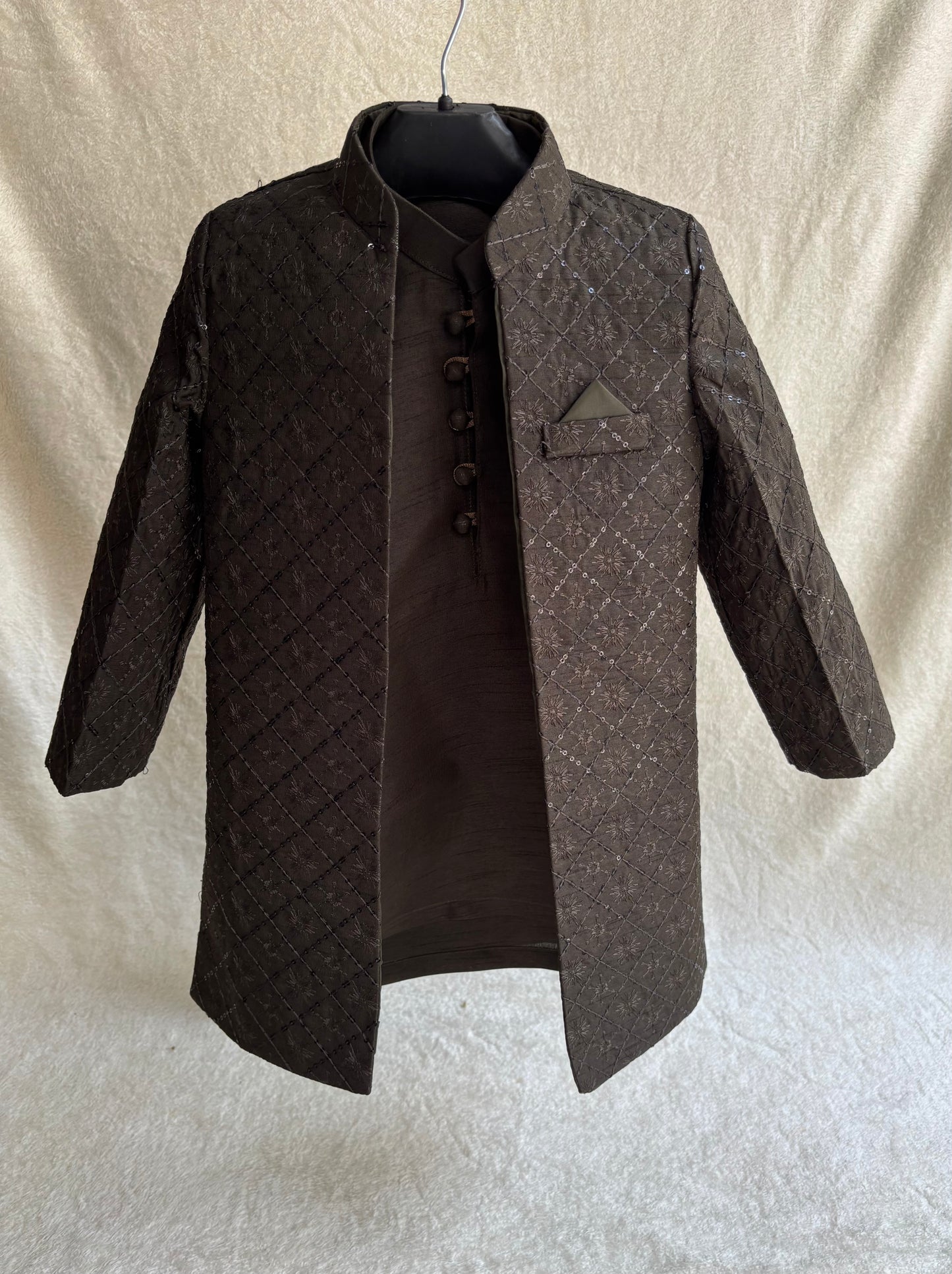 Dark Mehandi Embroidered Sherwani Suit