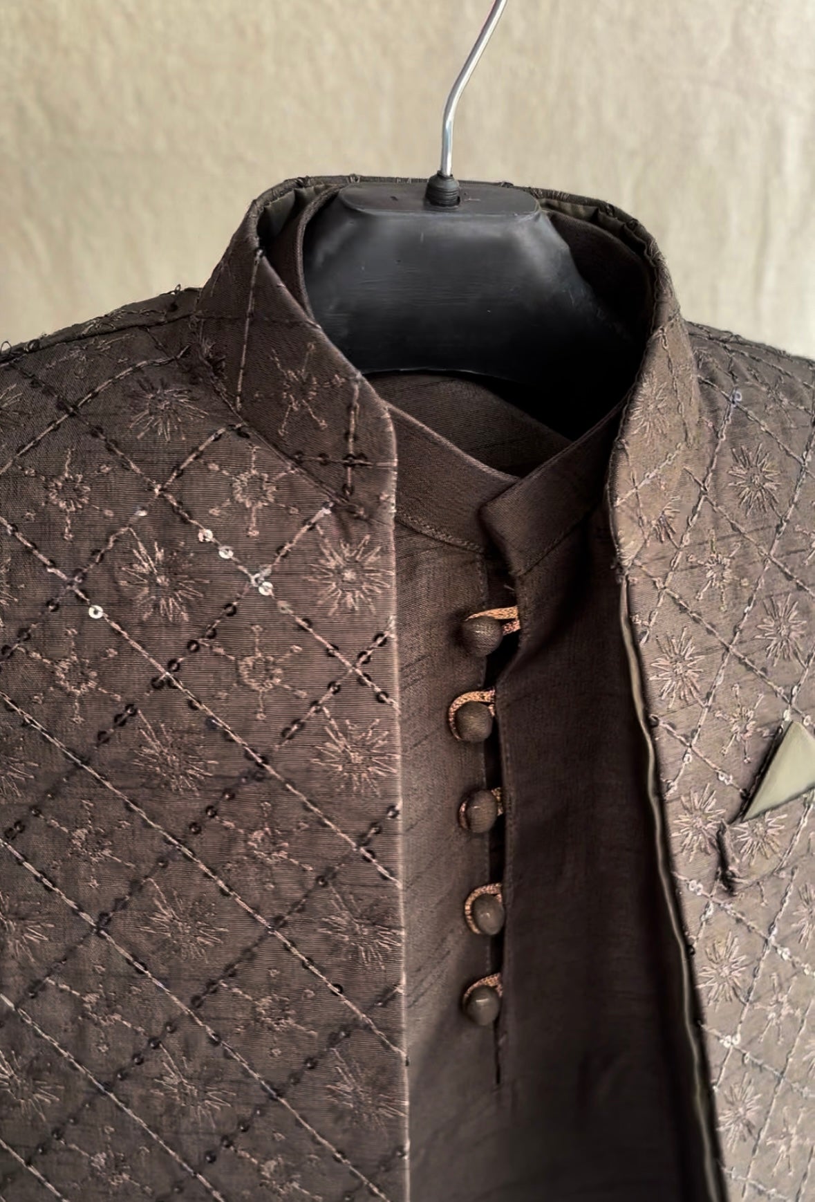 Dark Mehandi Embroidered Sherwani Suit