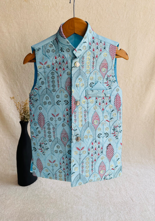 Light Blue Floral Embroidered Waistcoat
