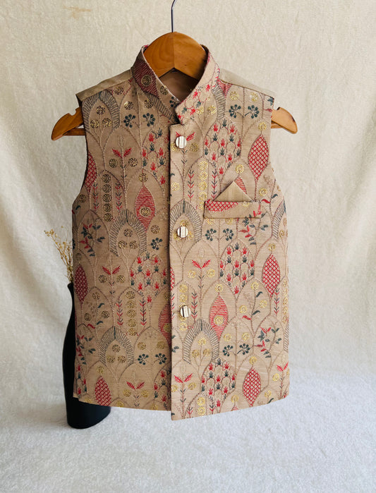 Beige Floral Embroidered Waistcoat