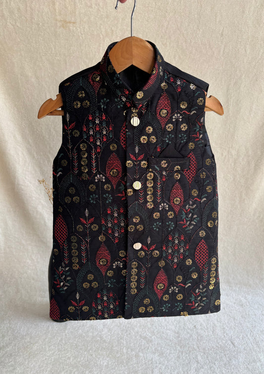 Black Floral Embroidered Waistcoat
